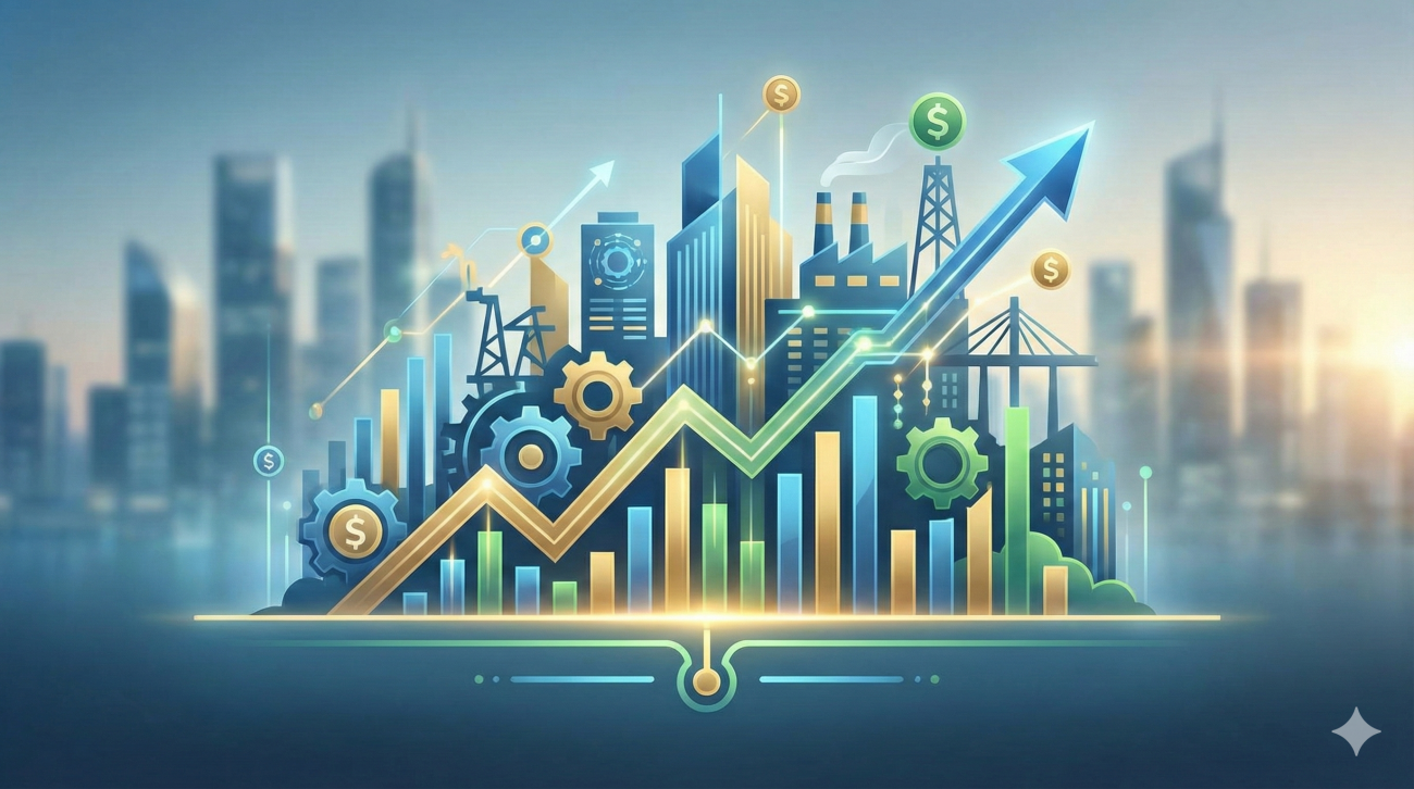 Yatırım teşvik sistemini ve ekonomik büyümeyi temsil eden grafik ve endüstriyel ikonlarla oluşturulmuş illüstrasyon.