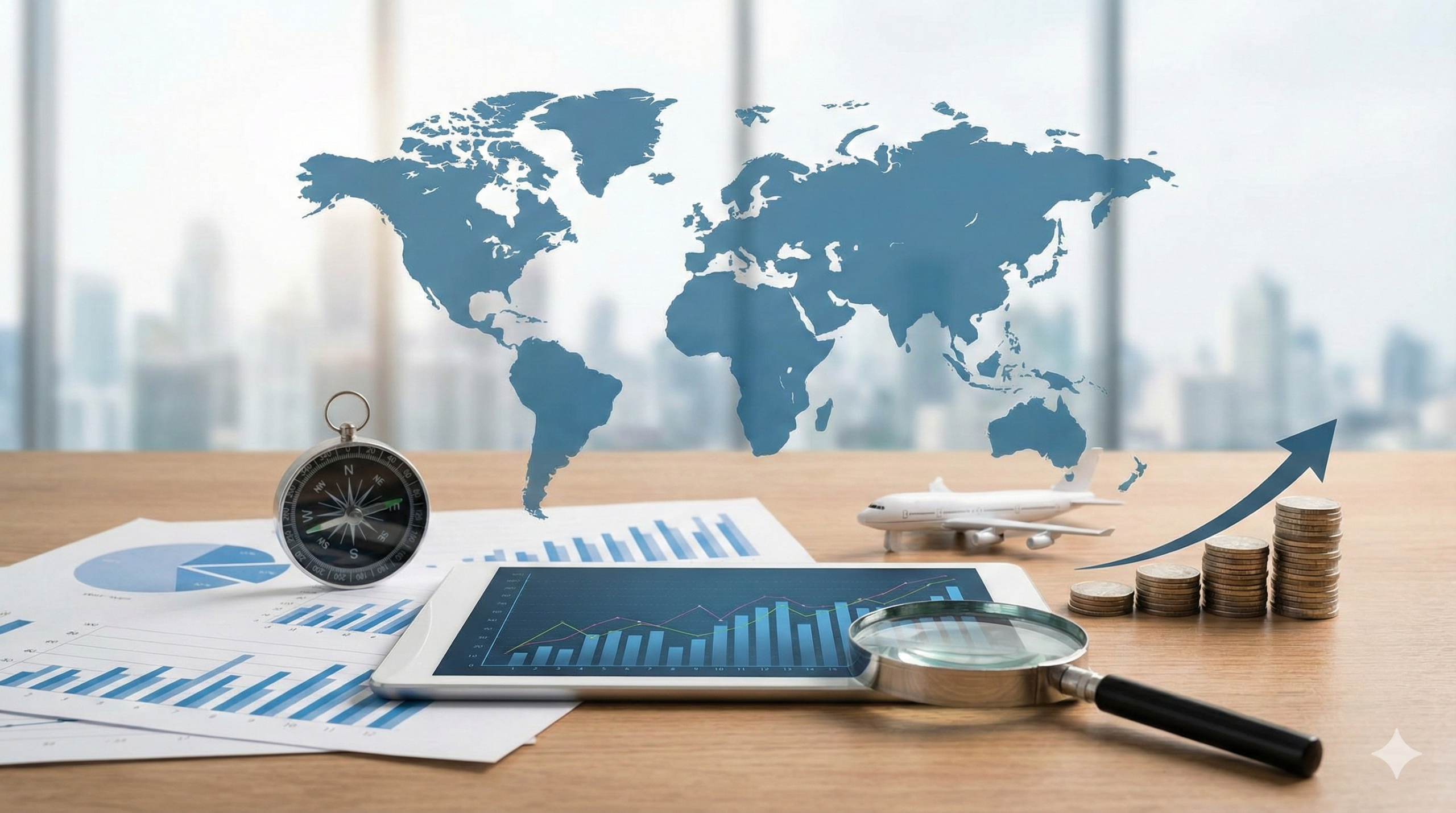 Yurt dışı pazar araştırmasını temsil eden dünya haritası, grafikler, pusula, tablet ve büyüteç içeren görsel.